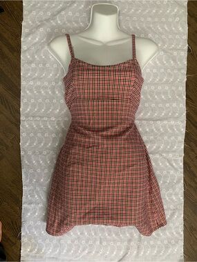 Brandy Melville Red and Black Checked Spaghetti Strap Mini Dress